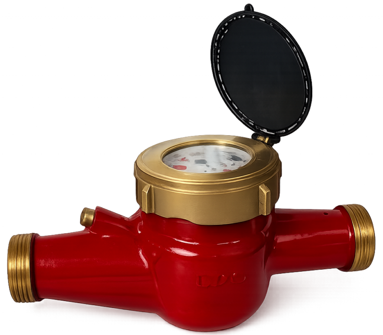 red industrial water meter close up